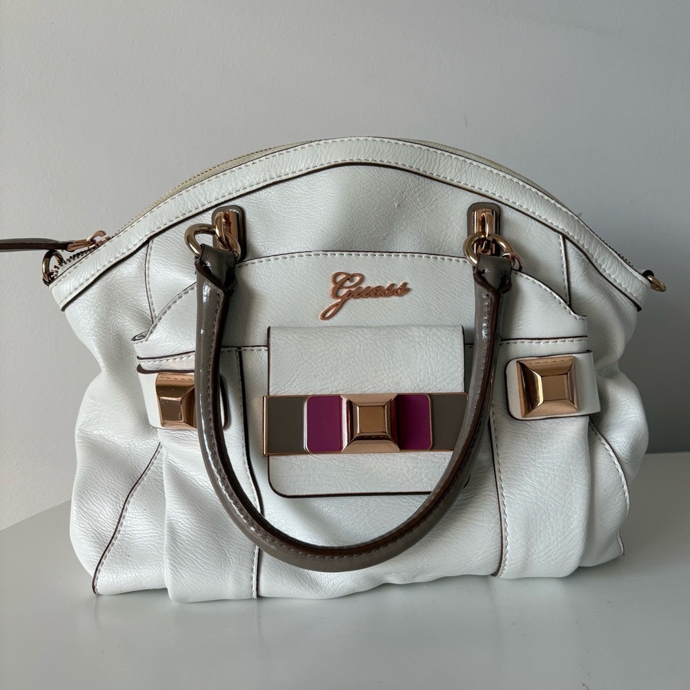 Guess White Satchel with Gold and Pink Accents